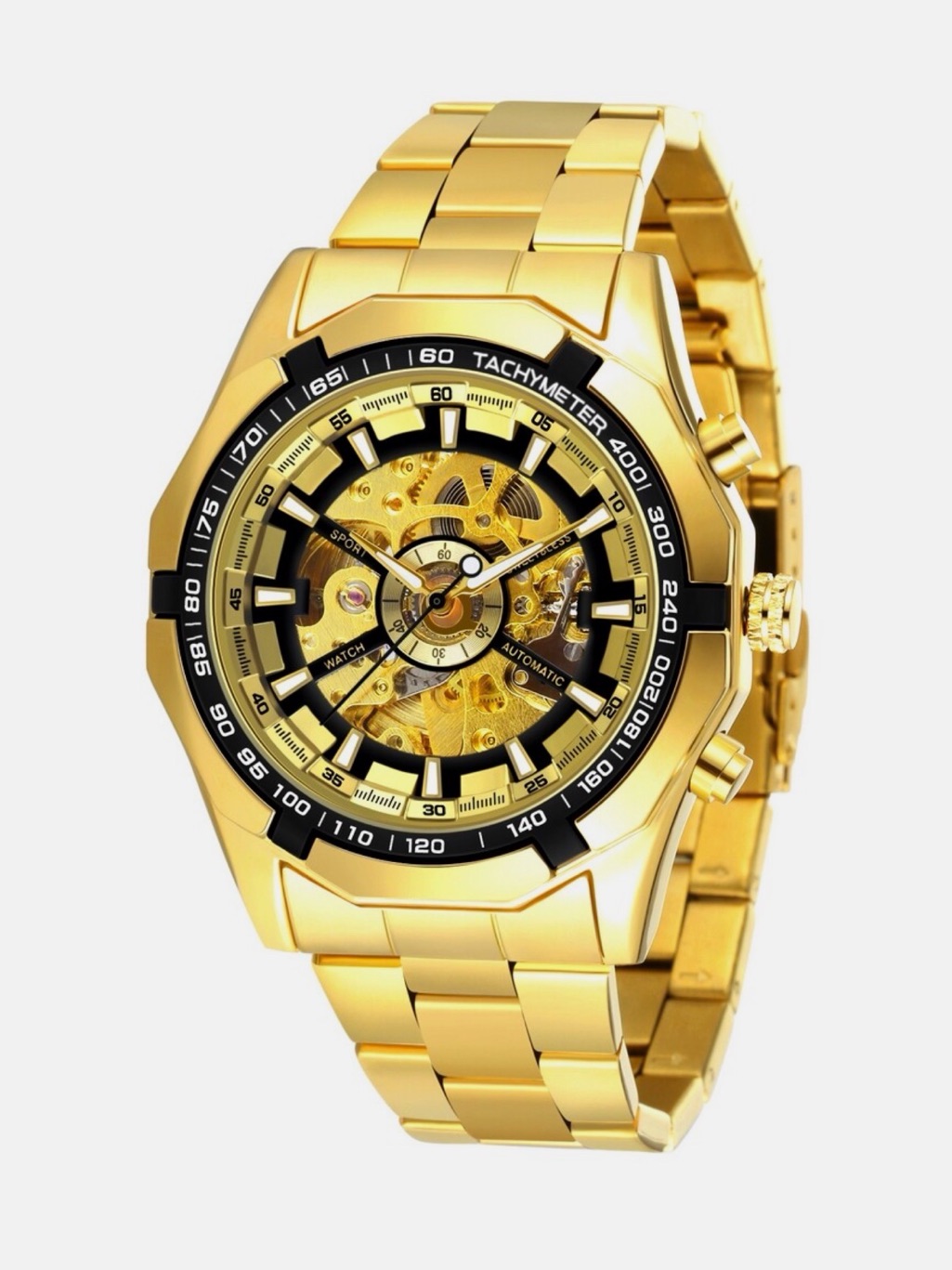Gold Skeleton Automatic Mens Watch With Tachymeter